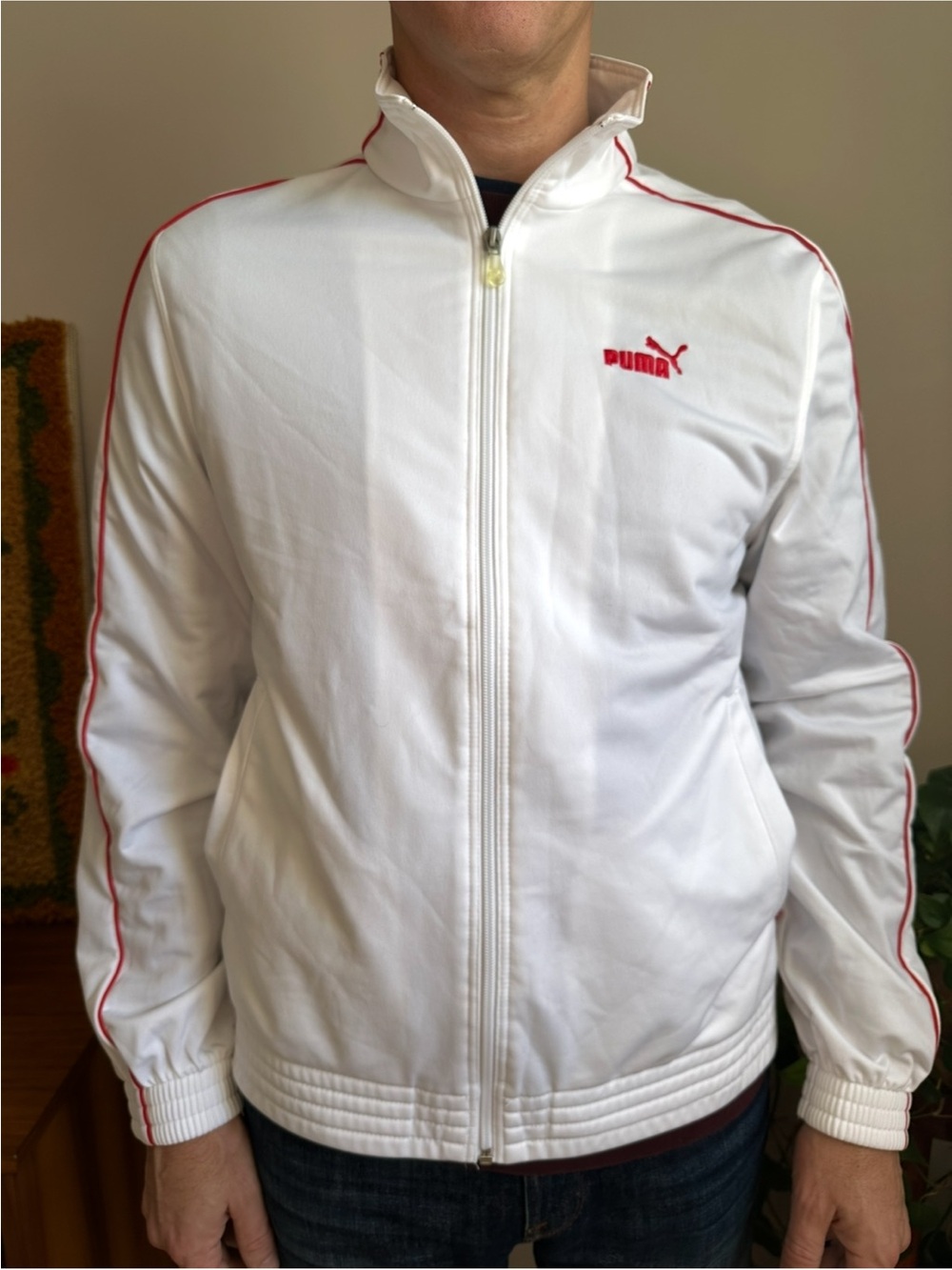 Vintage Men’s Puma White Zip Up Jacket with Red Trim and Logo